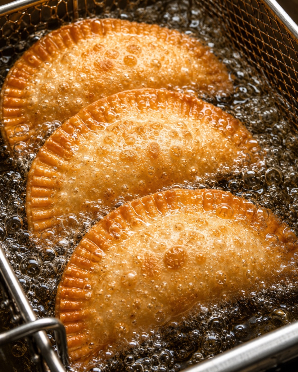 Puerto Rican empanadas frying golden in a fryer basket — Not Your Mama's Empanadas catering, Alpharetta GA